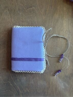 Handmade Lavender Fabric Mini Journal with Lace Trim and Beaded Tie